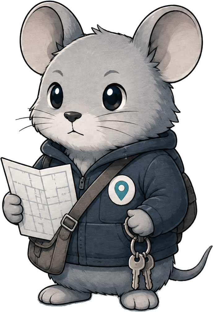 Chit, a mouse property guide holding a floor plan and keys